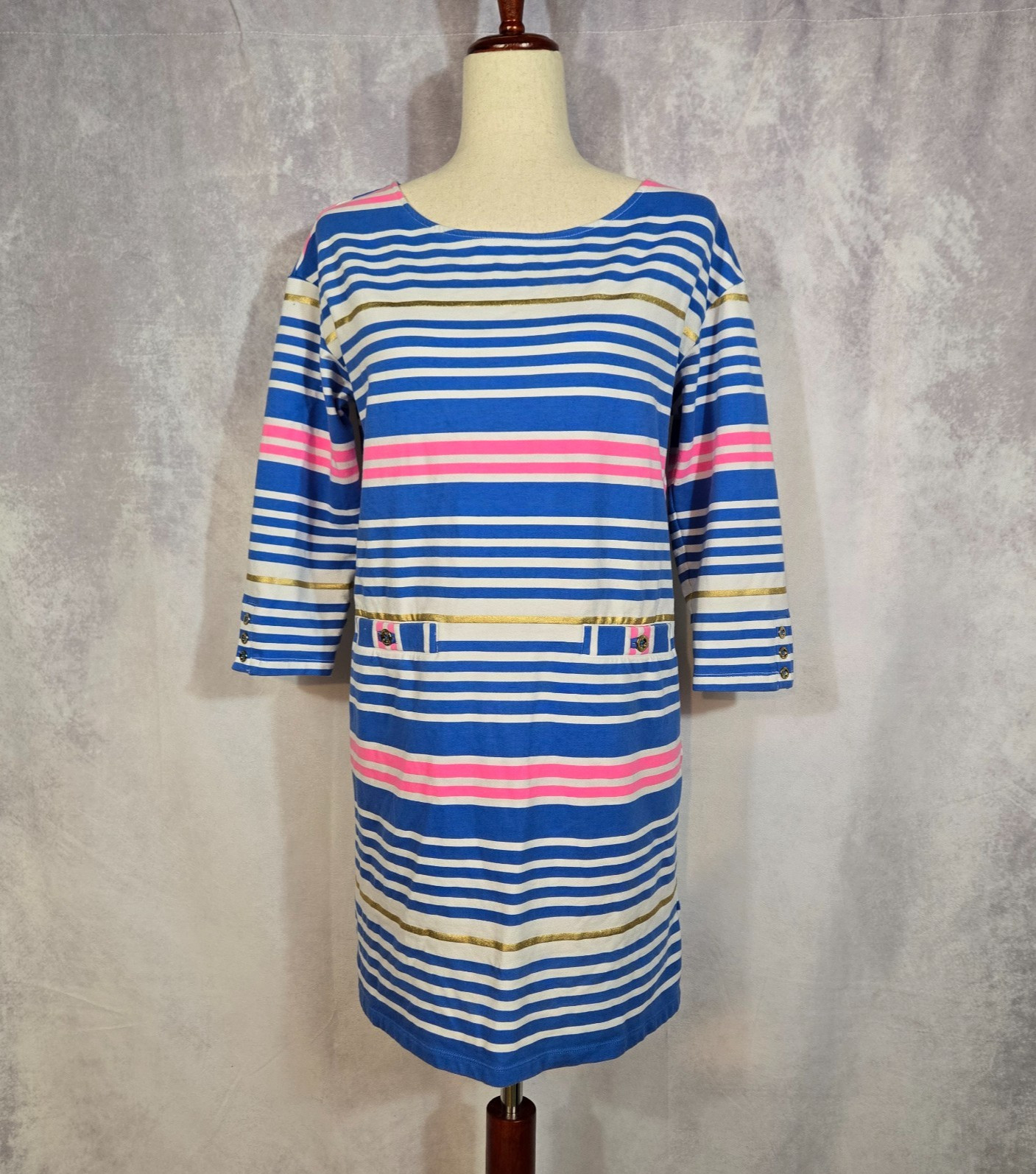 LILLY PULITZER Lena Shift Dress Lapis Blue Pink Gold Tiki Stripe Resortwear MED
