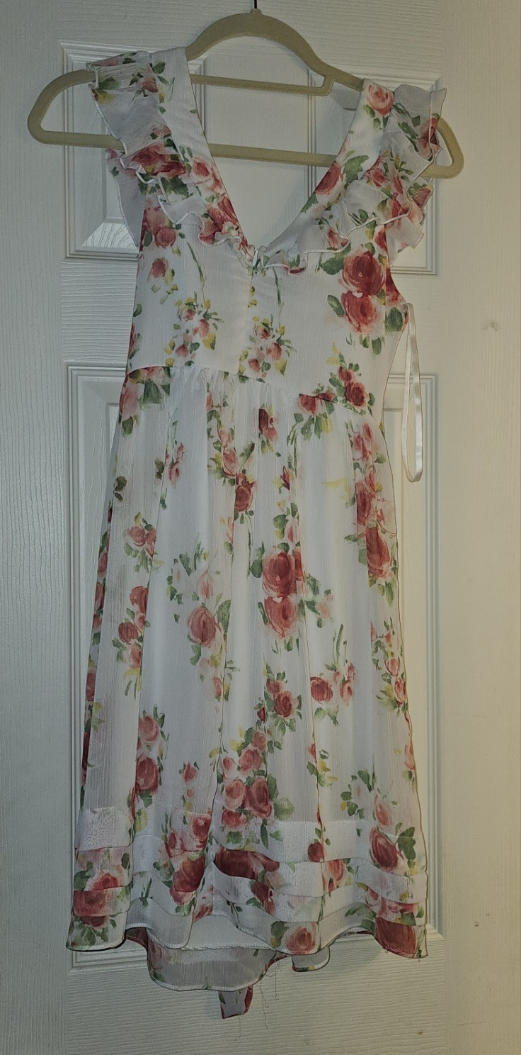 City Studio Juniors 3/4 Floral Ruffle V-Neck Sleeveless Lined Short Dress