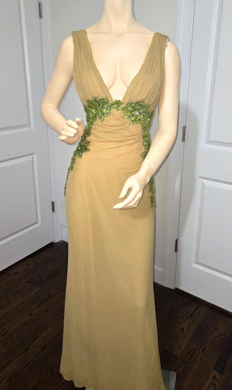 Vintage Mandalay Green Silk Beaded Sequin Y2K Plunging V Neck Evening Gown 6