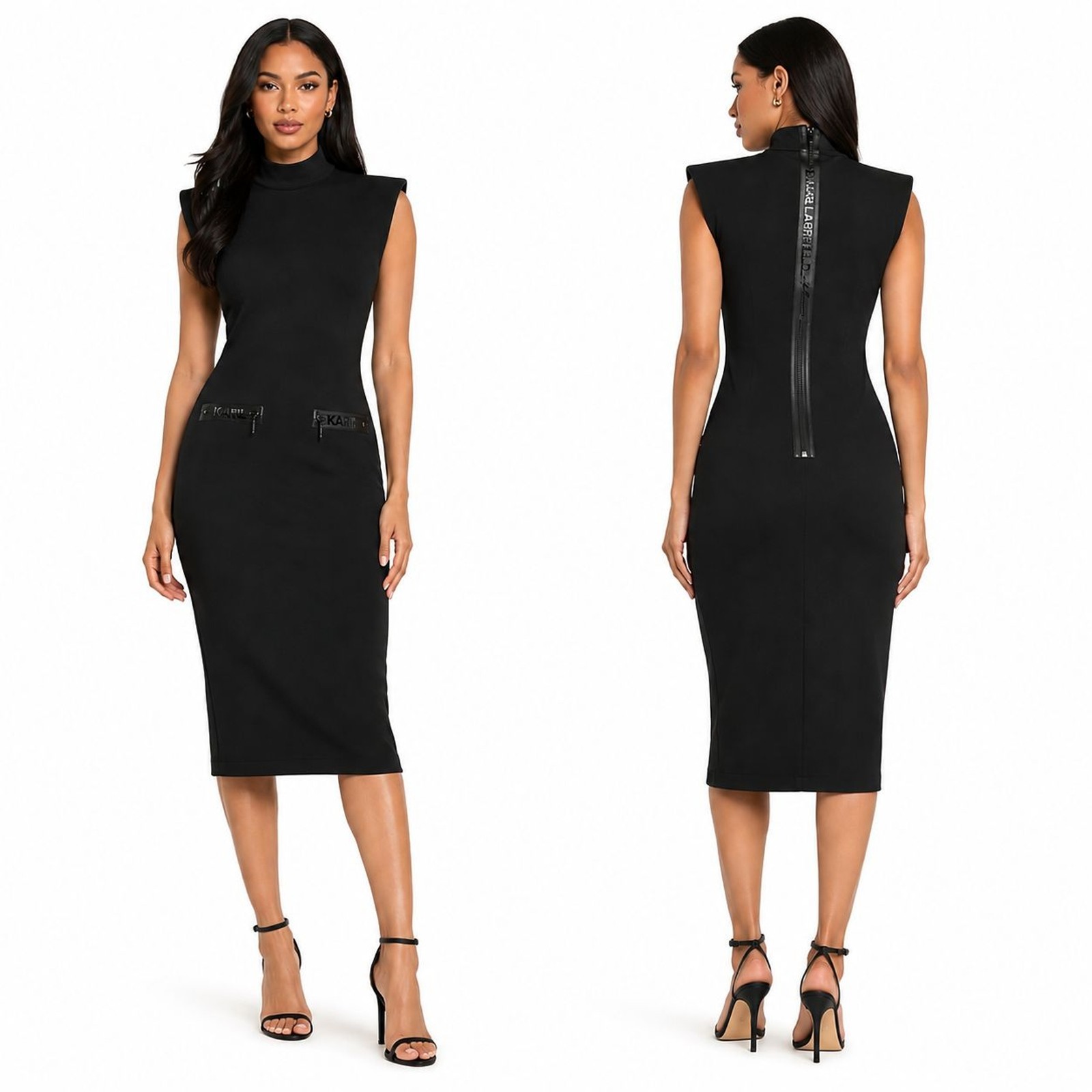Karl Lagerfeld Paris Dress 0 Black Sleeveless Mock Neck Midi Zip Logo Pockets
