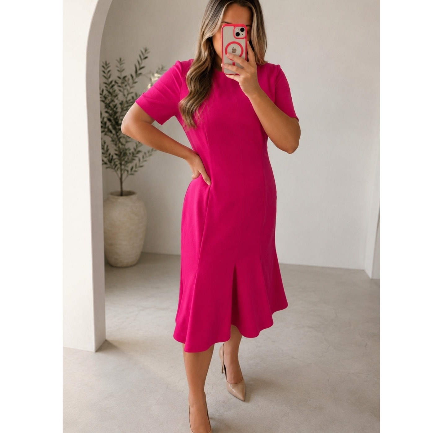 Akris Punto Hot Pink Fit & Flare Midi Dress US 14 Designer Short Sleeve Career