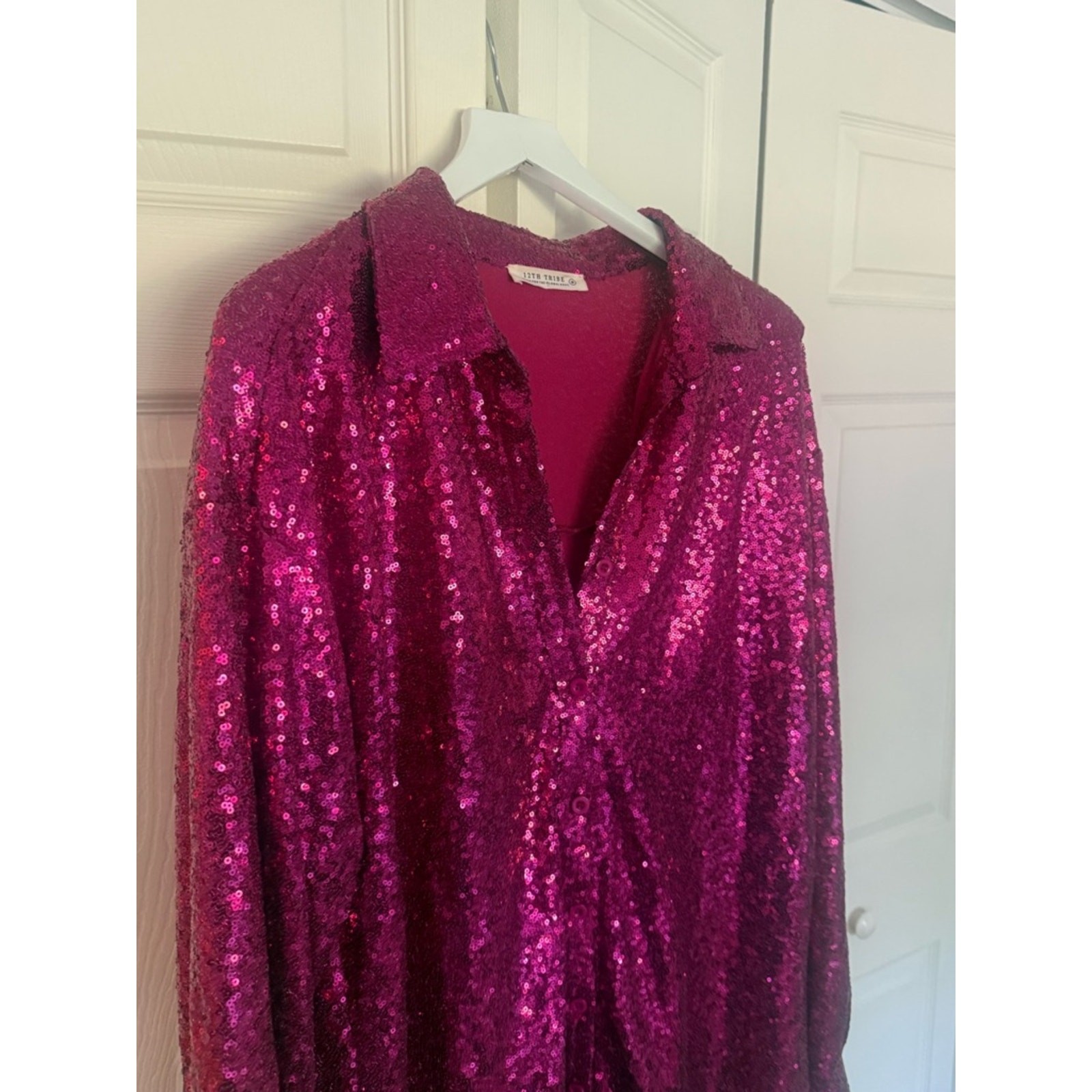 12th Tribe Hot Pink Sequin Long Sleeve Shirt Dress Collared Button Down Medium