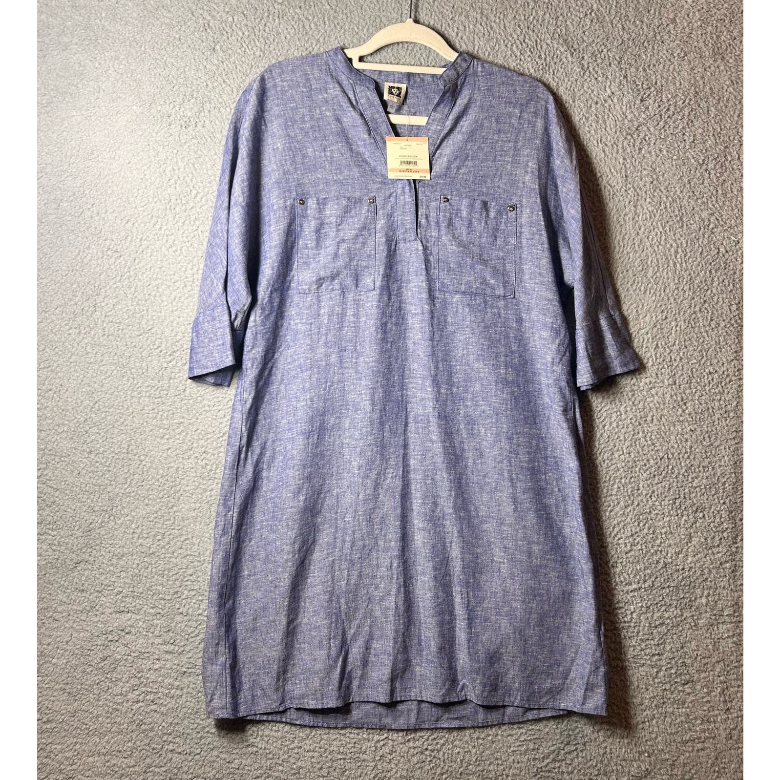 Anne Klein Dress Womens 2 Blue Split Neck 3/4 Sleeve Chambray Mini Dress NEW