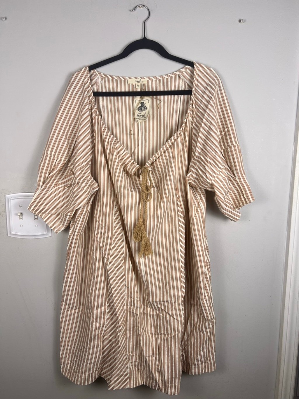 Easel Los Angeles Boho Striped Swing Dress L Cream Tan Tassel Tunic Cottagecore