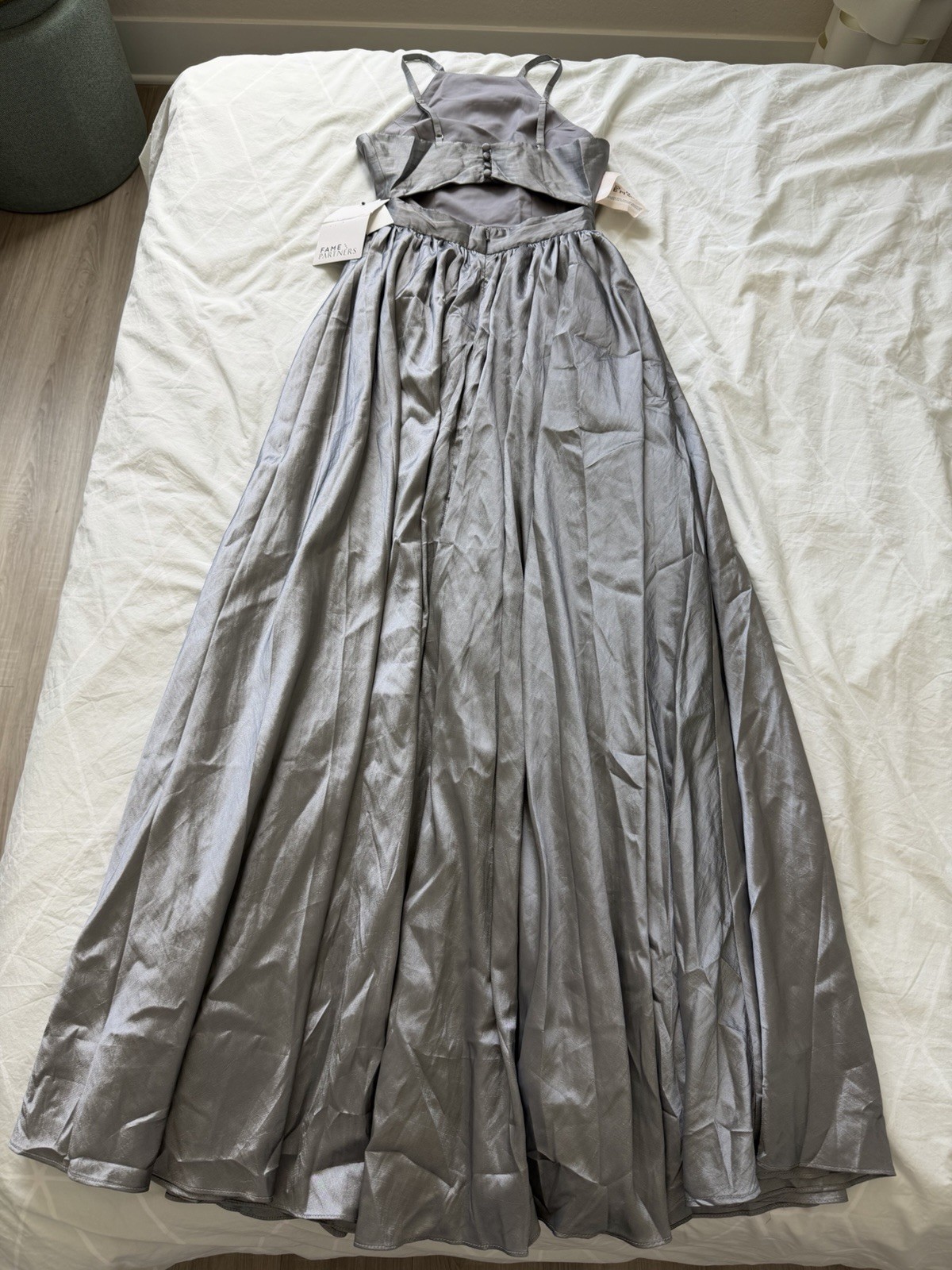 NWT Fame and Partners Silver High Neck Open Back Maxi Dress US 2