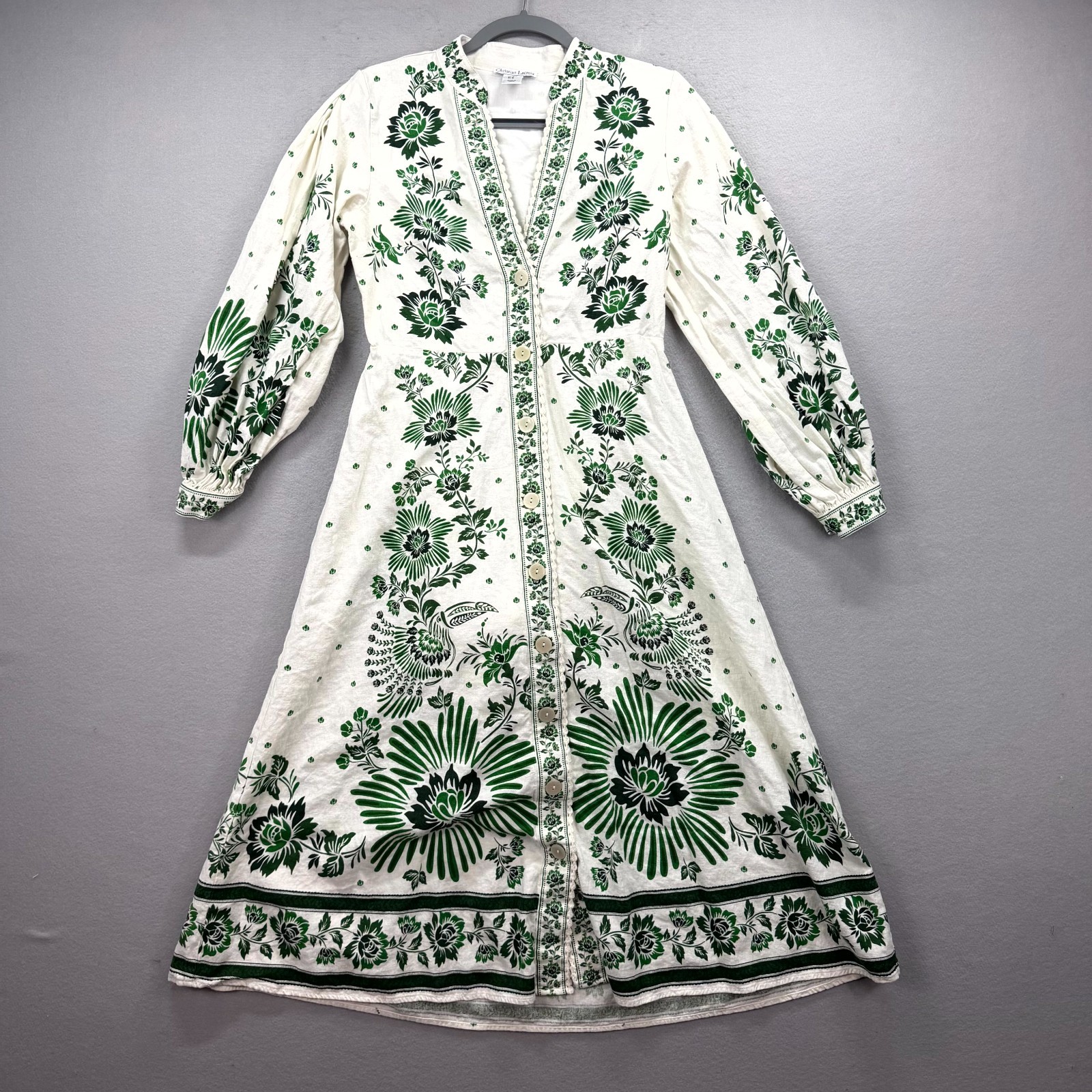Christian Lacroix Shirt Dress Womens M Off White Green Floral Linen Button Front
