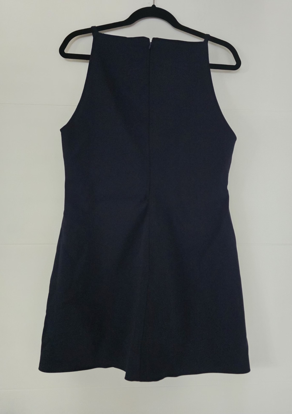 Zara Dark Navy Blue Mini Dress L Button Strap Detail Square Neck Shift AS IS