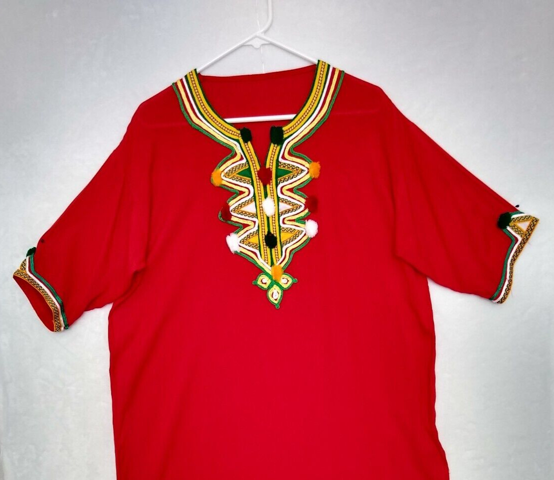 Moroccan Kaftan Gandoura Berber Clothes Handmade Dress Bohemian Red Ribbon Women