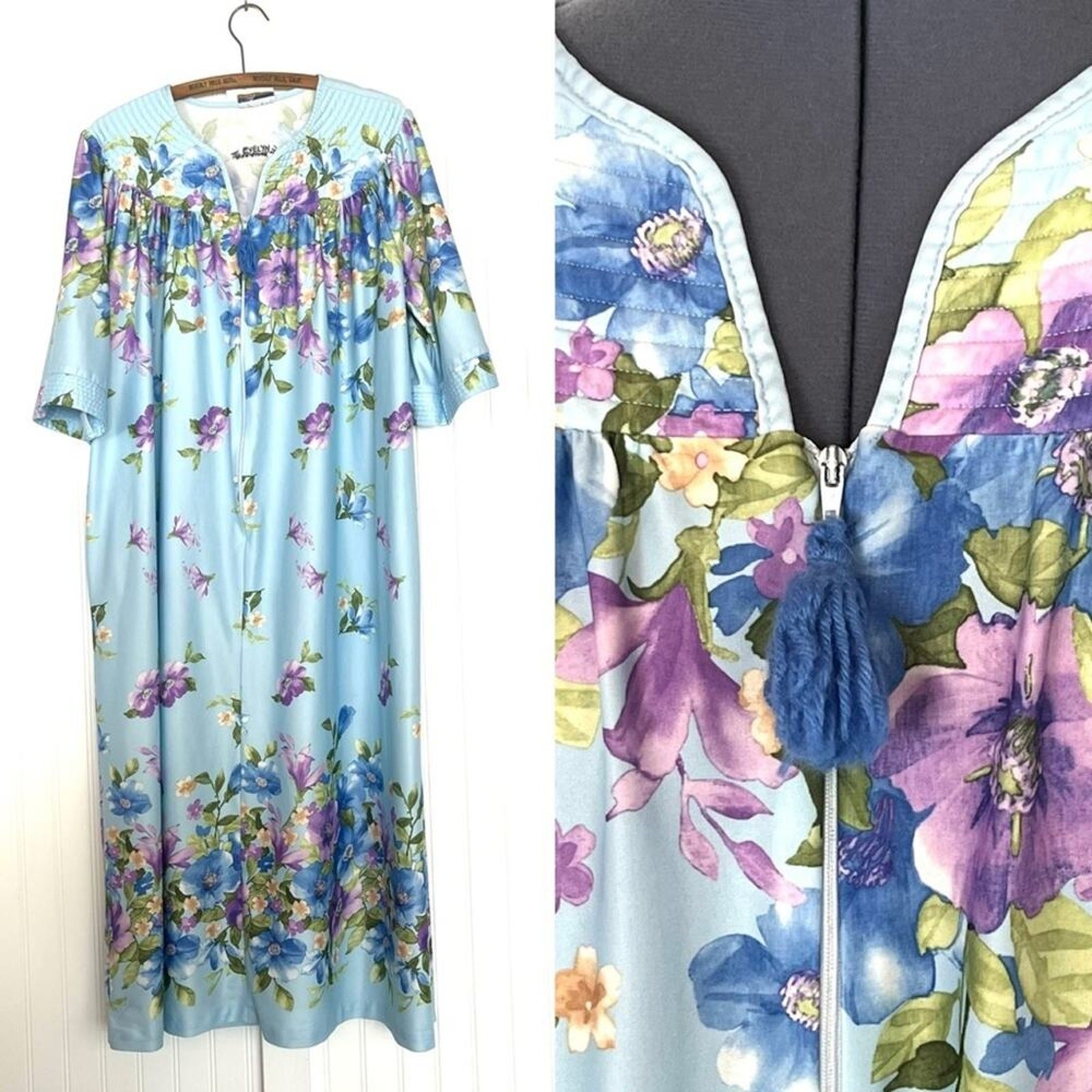 Vintage Nightgown Blue Purple Floral House Dress Zip Up Pom Pom Grandma XXL
