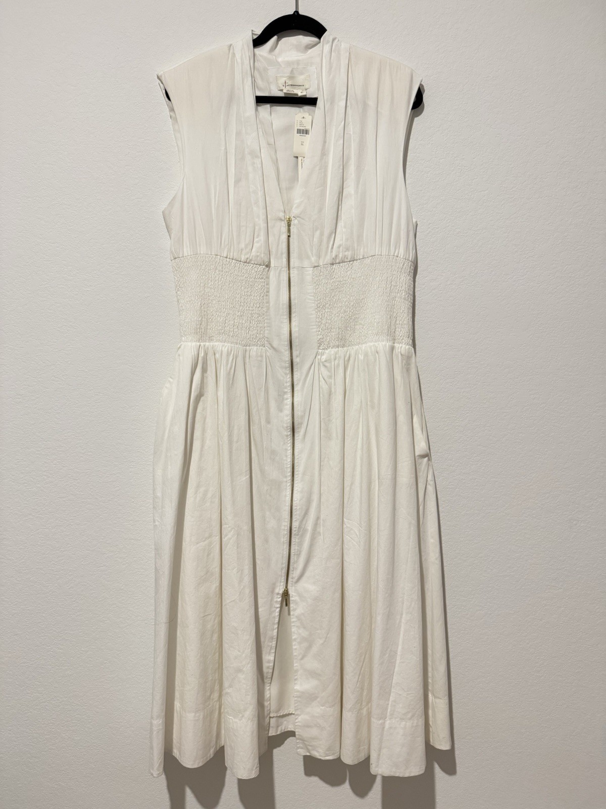 Anthropologie The Tommie Cap Sleeve Smocked Front Zip Dress in White Size XL