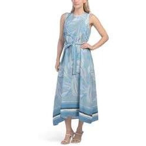 Le Ragazze Made in Italy Blue Linen Blend Abstract Leaf Midi Dress Size M