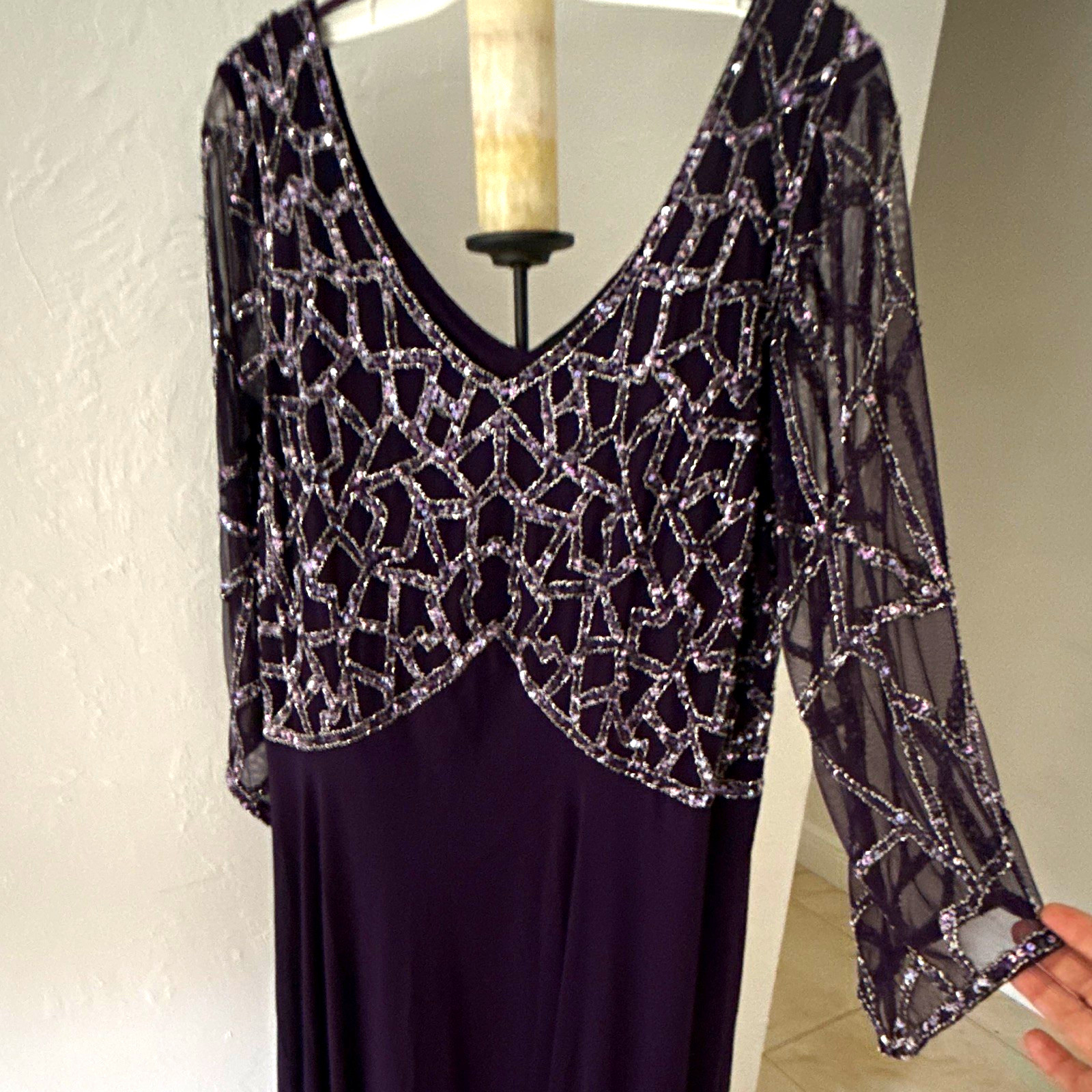 JKara Women’s 22W Purple Beaded Sequin Mesh V-Neck 3/4 Sleeve Long Gown