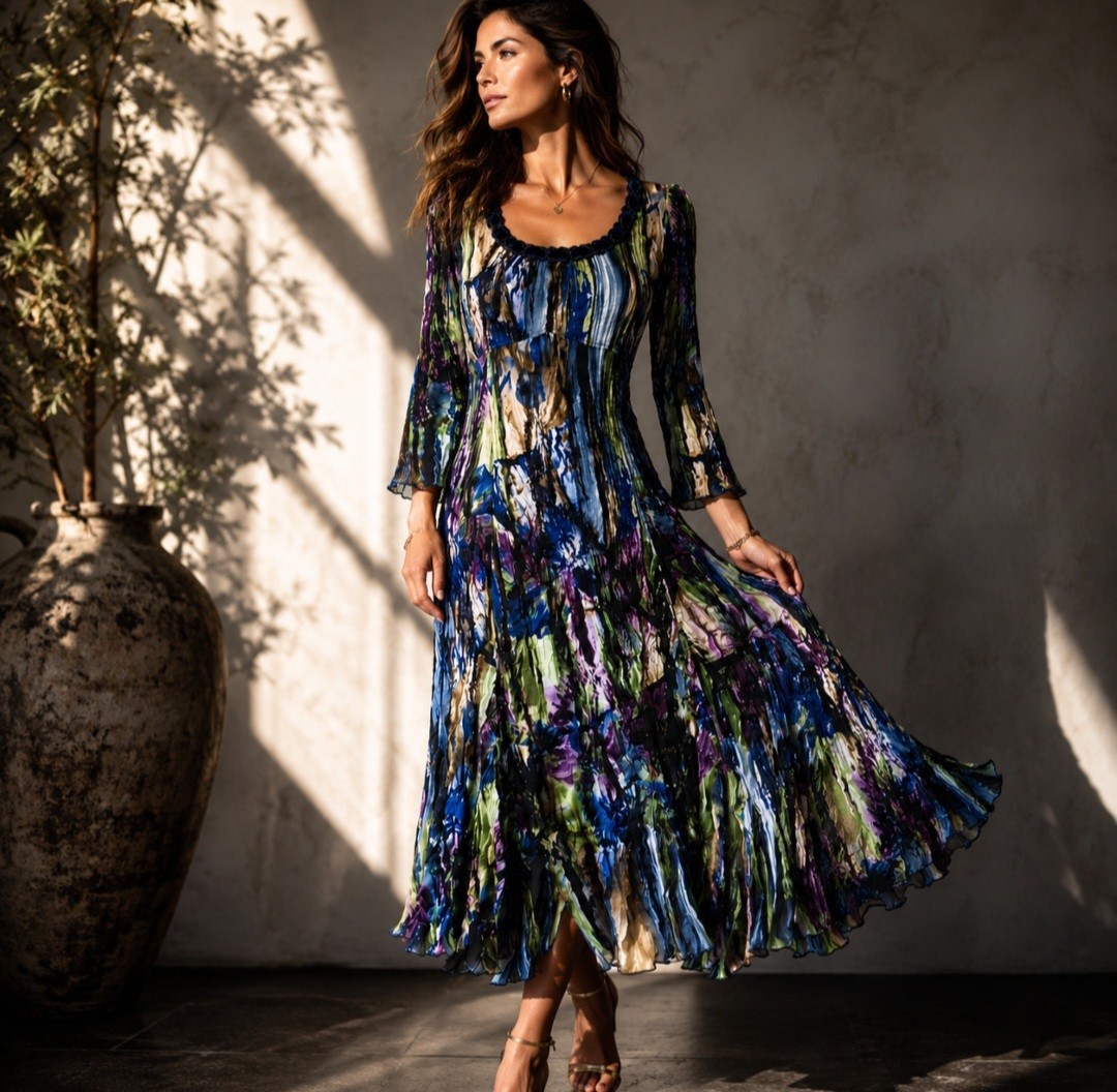 NWT Alberto Makali Pleated Midi Dress M Blue Green Abstract Beaded Velvet Trim