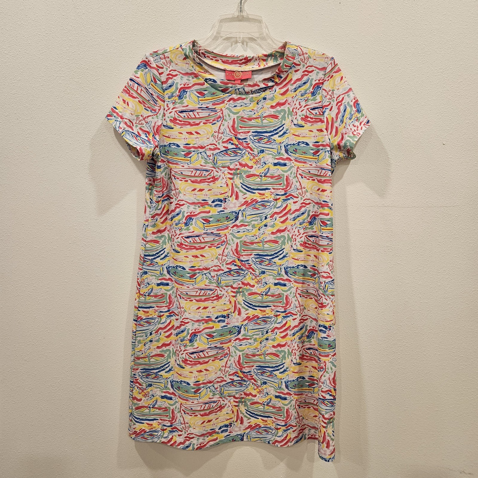 Kaeli Smith Dress Small Colorful Nautical Boats Lace Up Neckline Beach Stretch