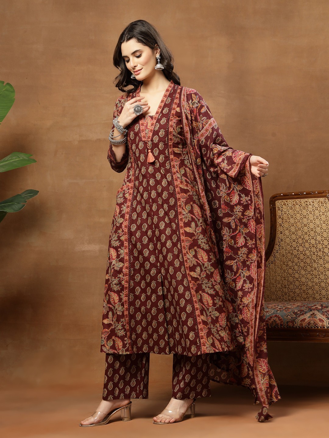 Indian Women Maroon Cotton Floral Printed A-Line Kurta With Trouser & Dupatta