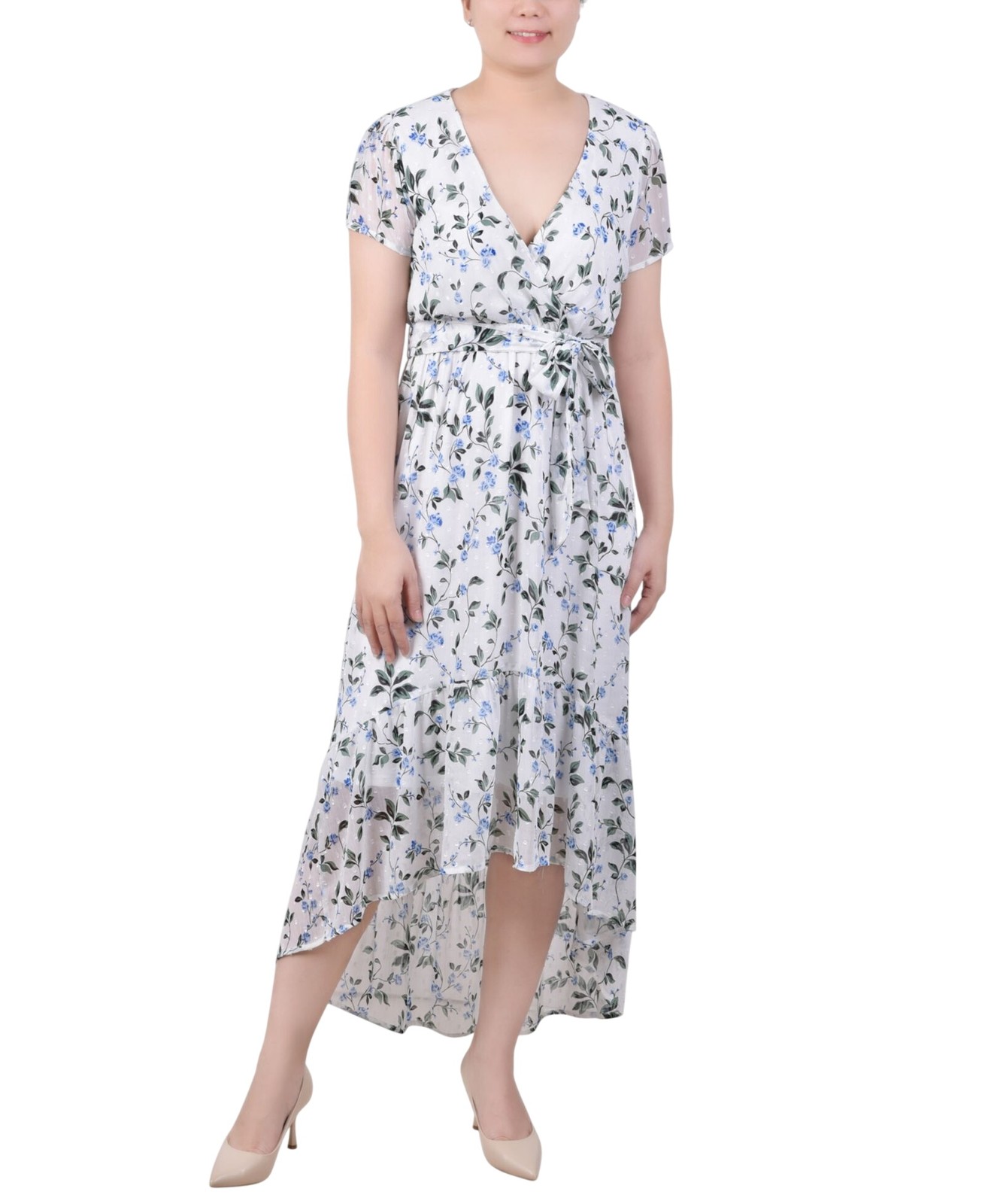 ny Collection Petite Short Sleeve High Low Hem Chiffon Dress Blue Floral PL
