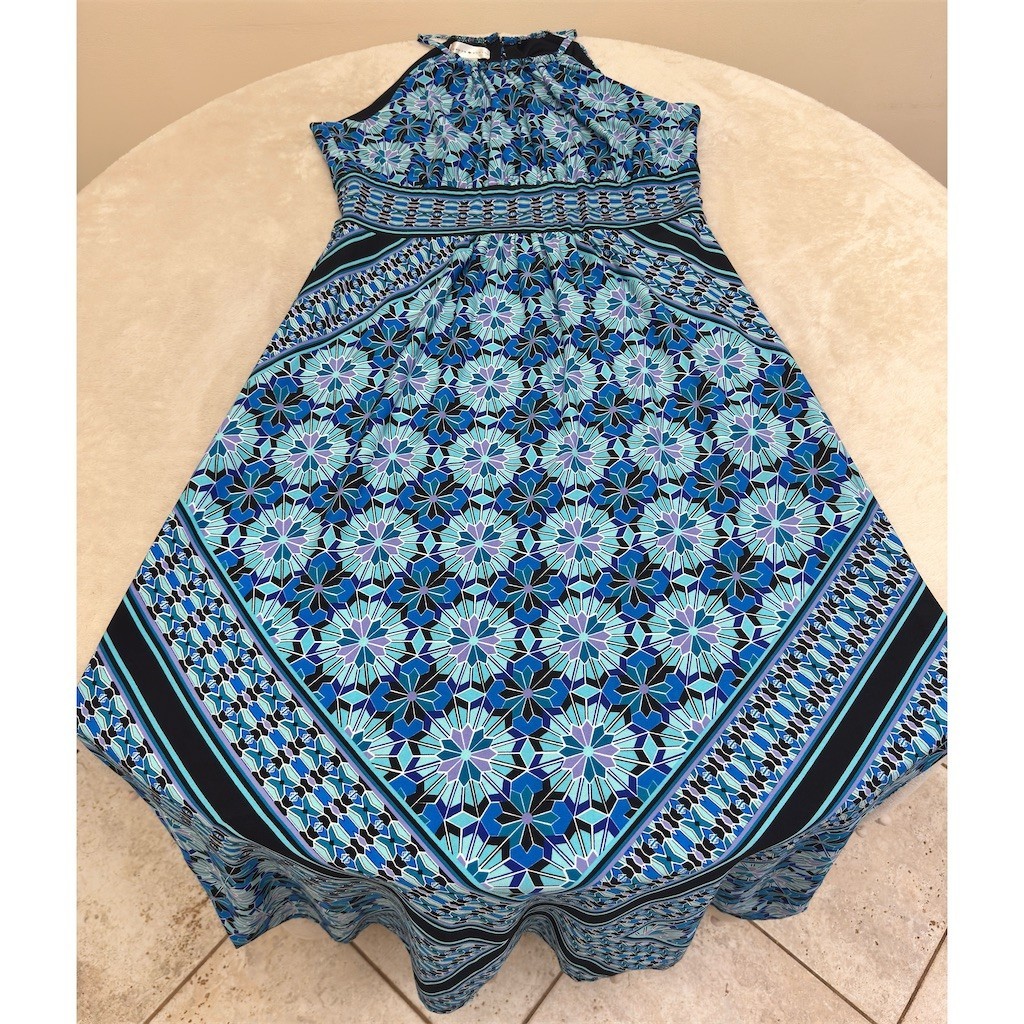 London Style Maxi Dress Womens Size 14 Blue Geometric Floral Halter