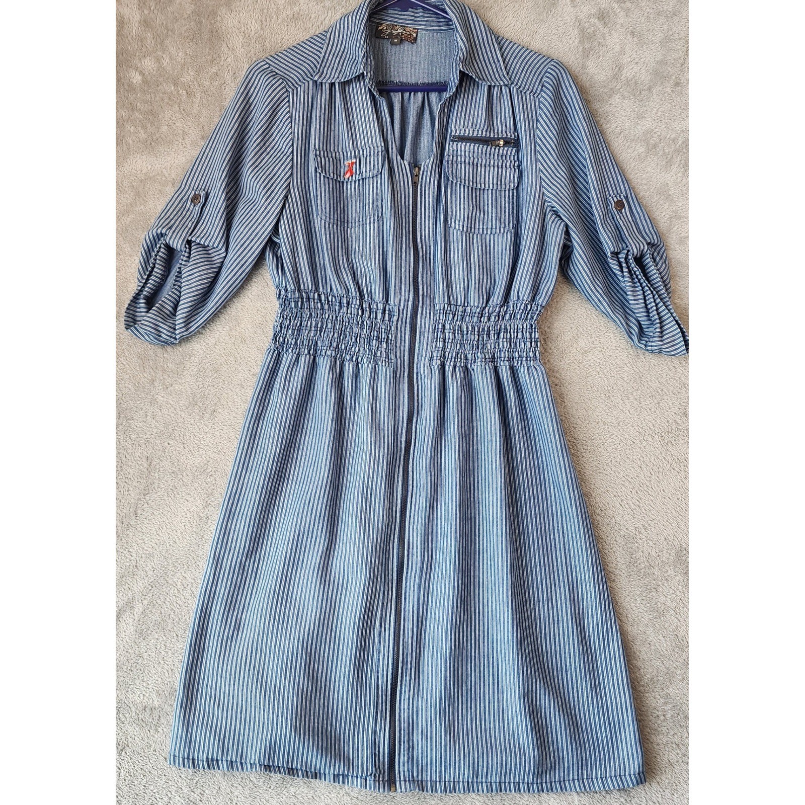 J Gee Dress Womens Medium Blue Striped Full Zip Smocked Waist Roll Tab Midi