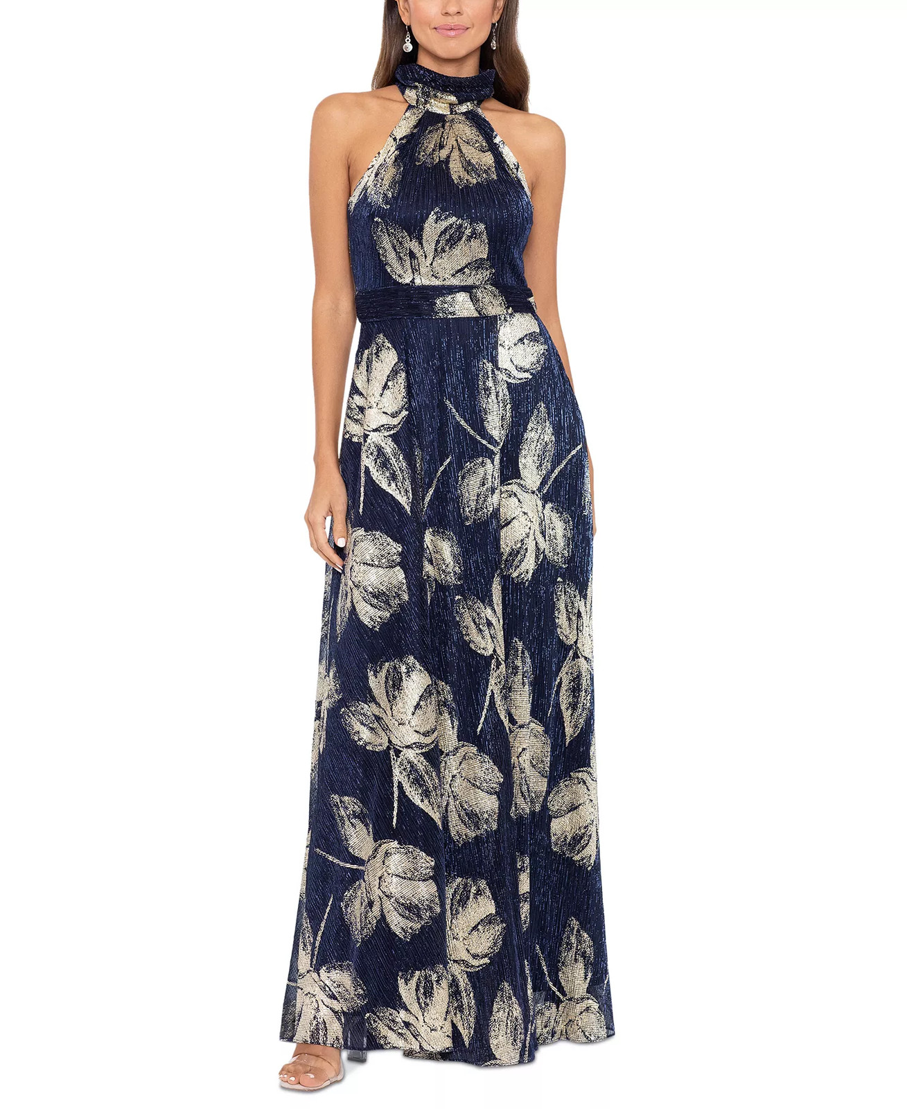 Betsy & Adam Metallic Gown Halter Floral Slit Pockets Formal Navy Silver 8 $289