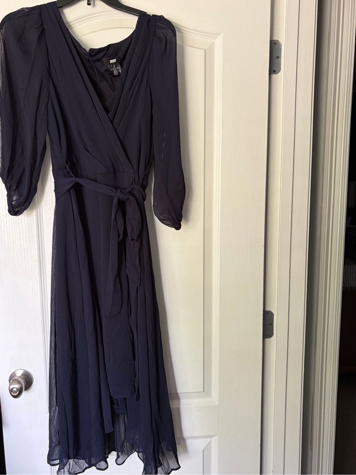DKNY Navy Blue Wrap Midi Dress with Tie Waist
