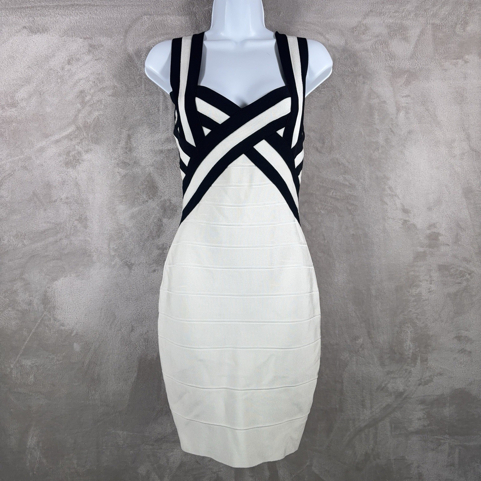 Herve Leger Bandage Bodycon Dress Womens Large White Black Colorblock