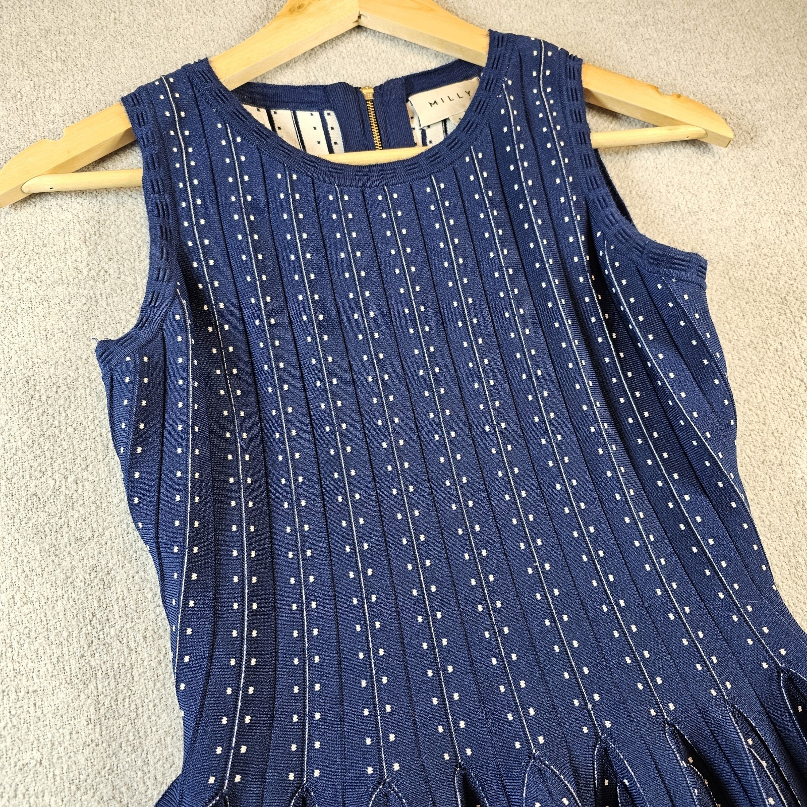 Milly Sleeveless Flare Dress Cocktail Wedding Date Feminine Dot Pleated Blue S