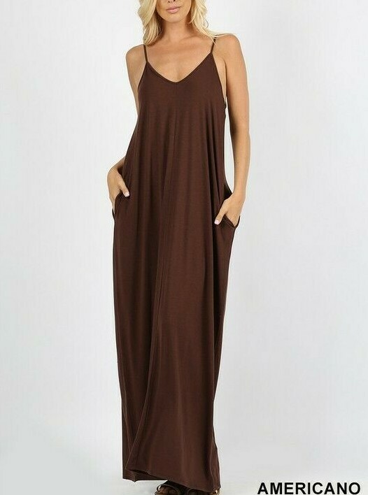 Zenana Cami Maxi Dress Adjustable Straps Loose Fit Side Pocket 1X 2X 3X