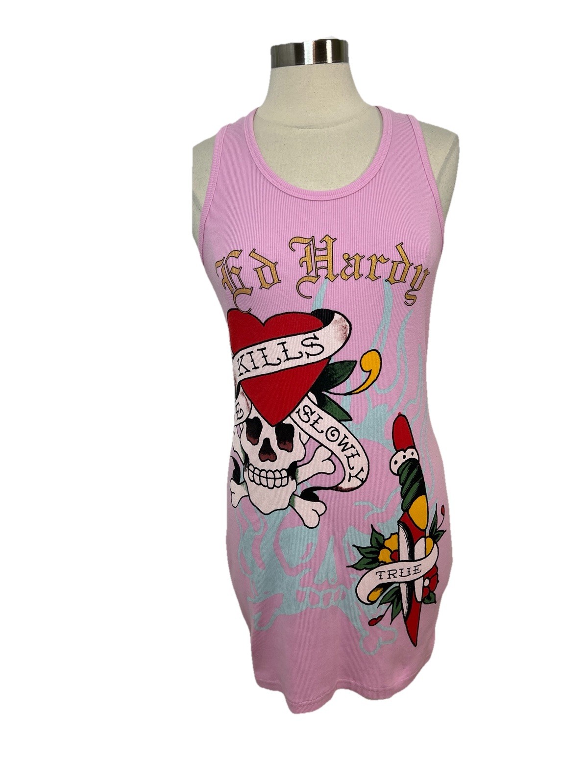 Ed Hardy Flash Rib Tank Dress XL Pink All Over Print Tattoo Stretch Y2K