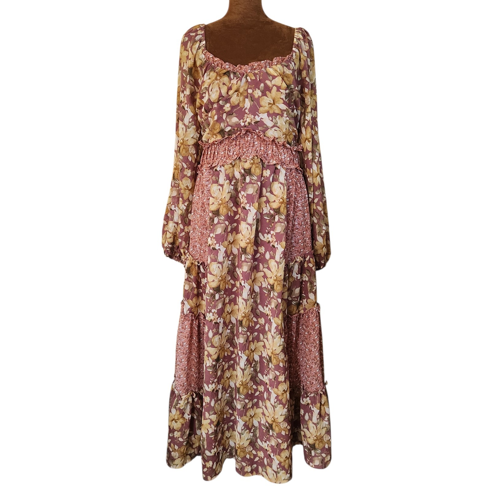 &Merci Dress Size L Patchwork Floral Long Sleeve Bohemian Lightweight Lined