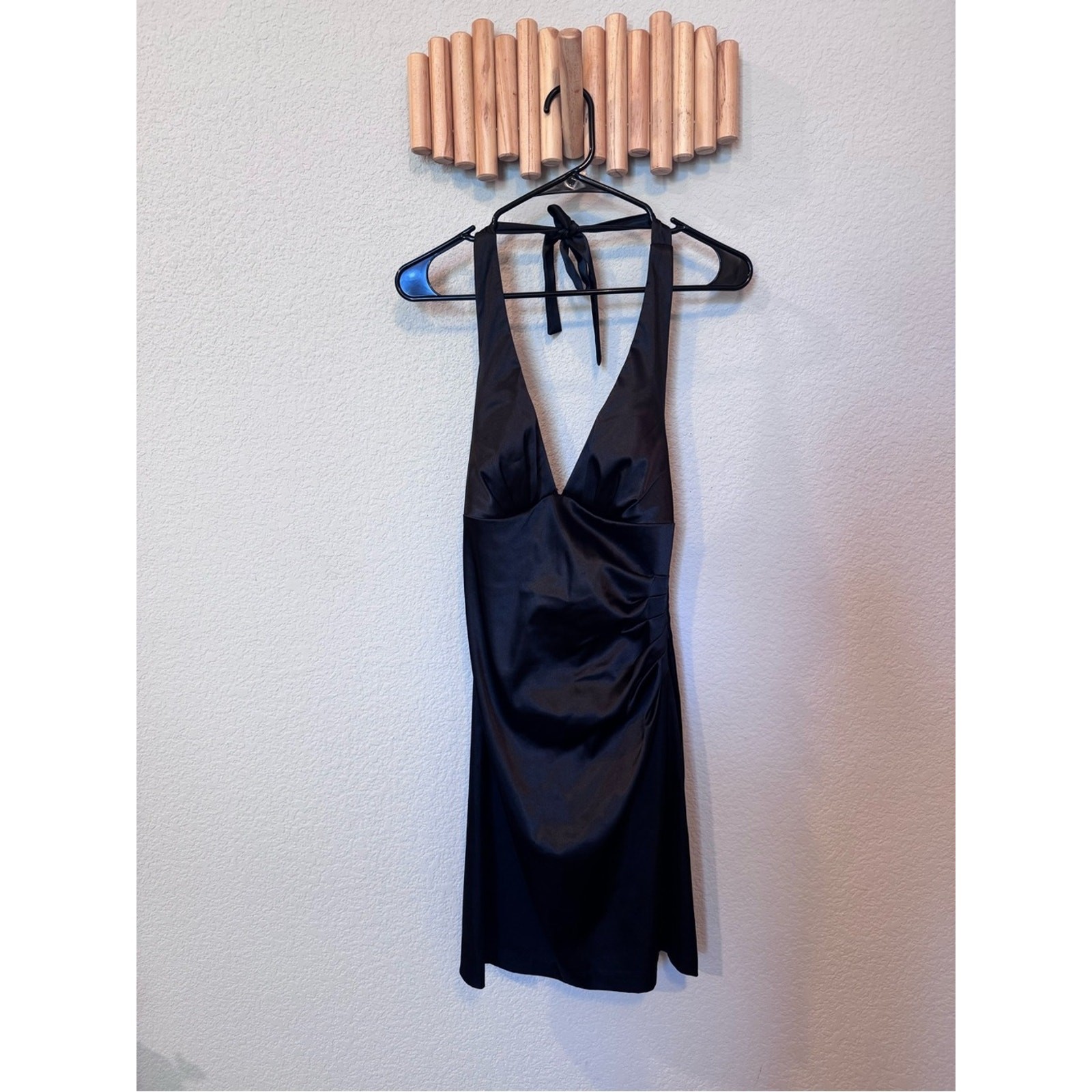 Little Black Satin Halter Mini Dress | Halter Deep V Cocktail Party Dress
