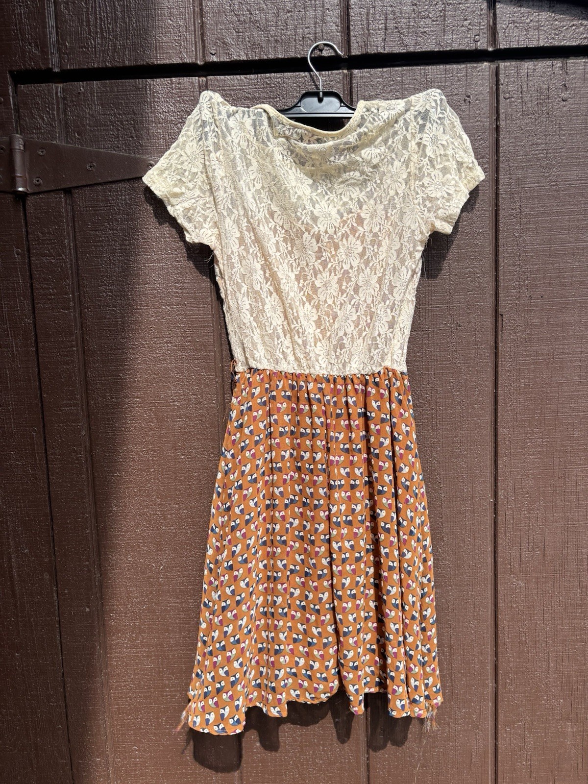 SM Wardrobe M/L Lace A-Line Short Sleeve Floral Geometric Dress Brown Beige