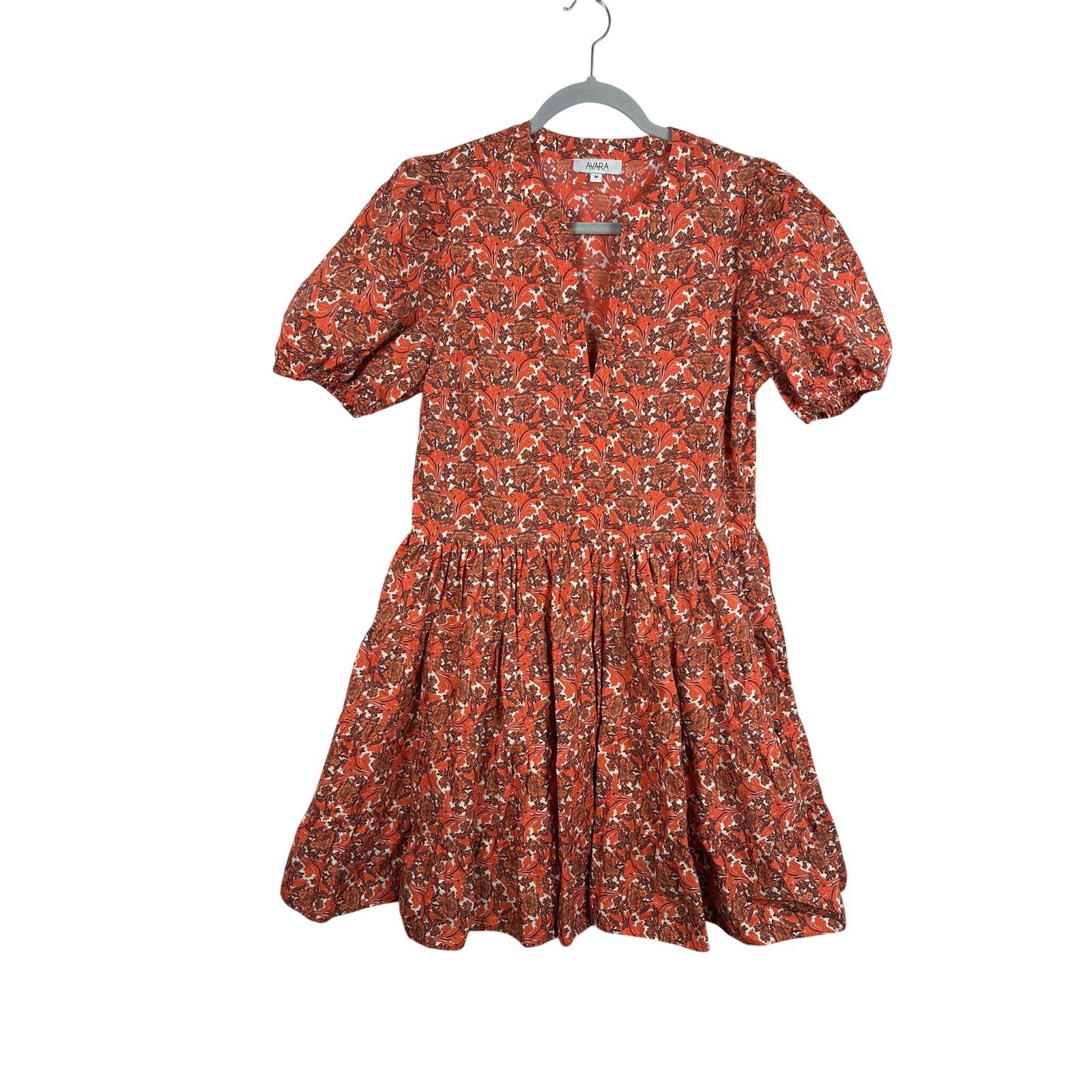 Avara Floral Mini Dress Womens Medium Orange Excellent Puff Sleeve Tiered Boho