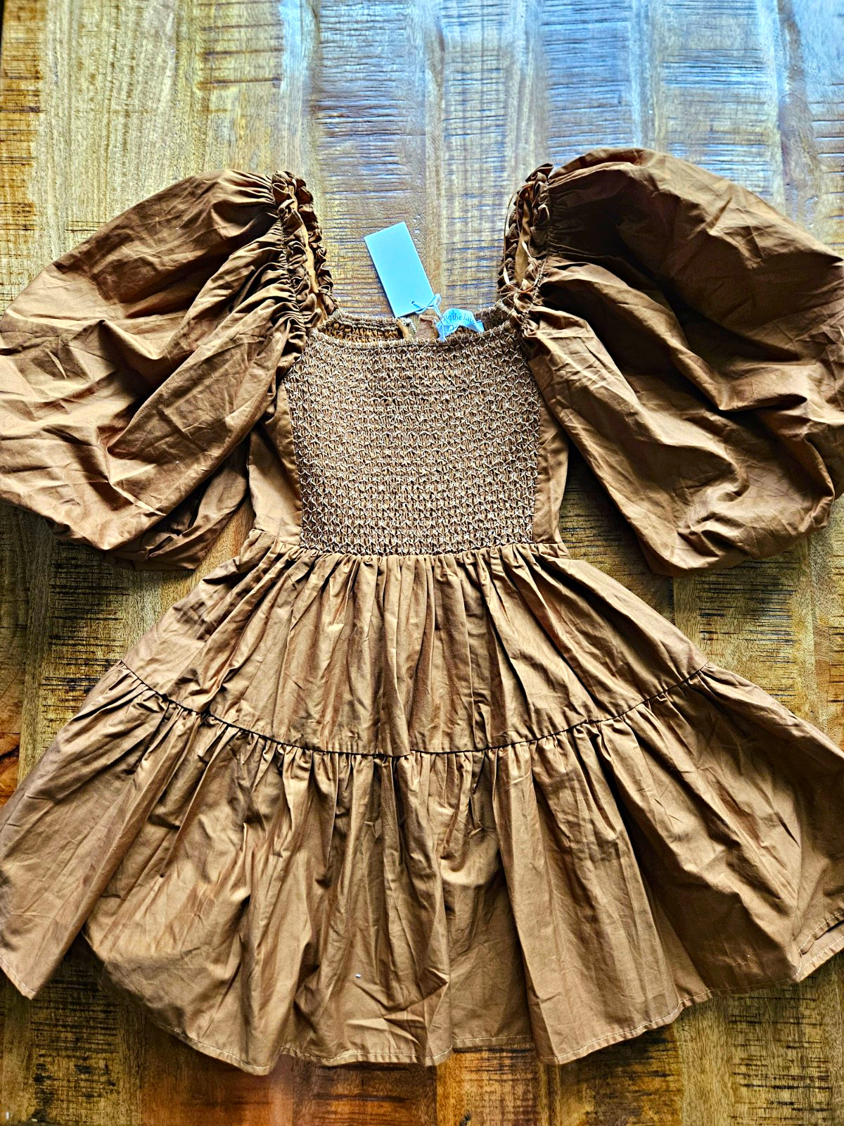 Sofie the Label dress Womens size S brown smocked puff sleeve mini New with Tags