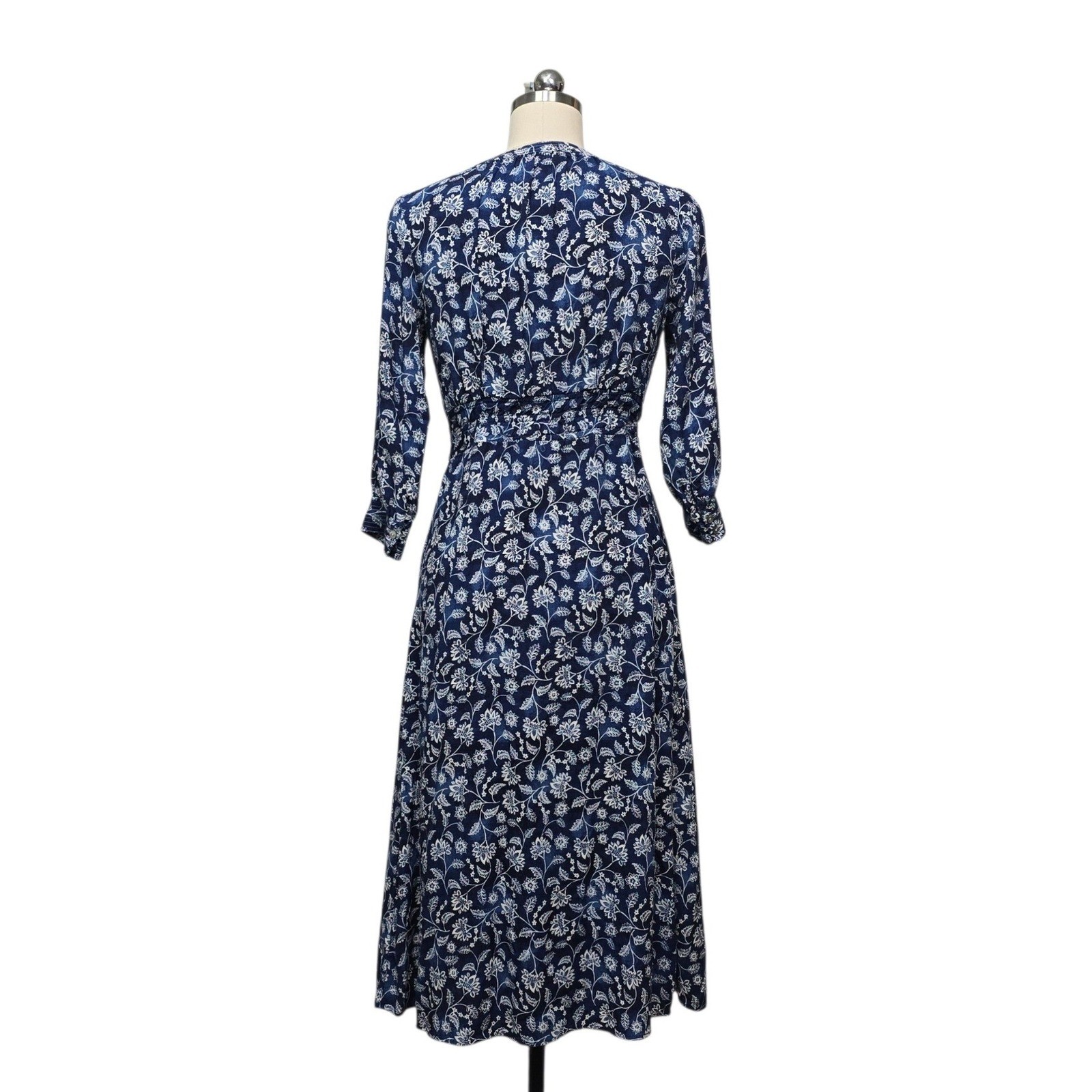 J.Jill Navy Blue Floral Ecovero Viscose Midi Dress Size XS Petite Elastic Waist