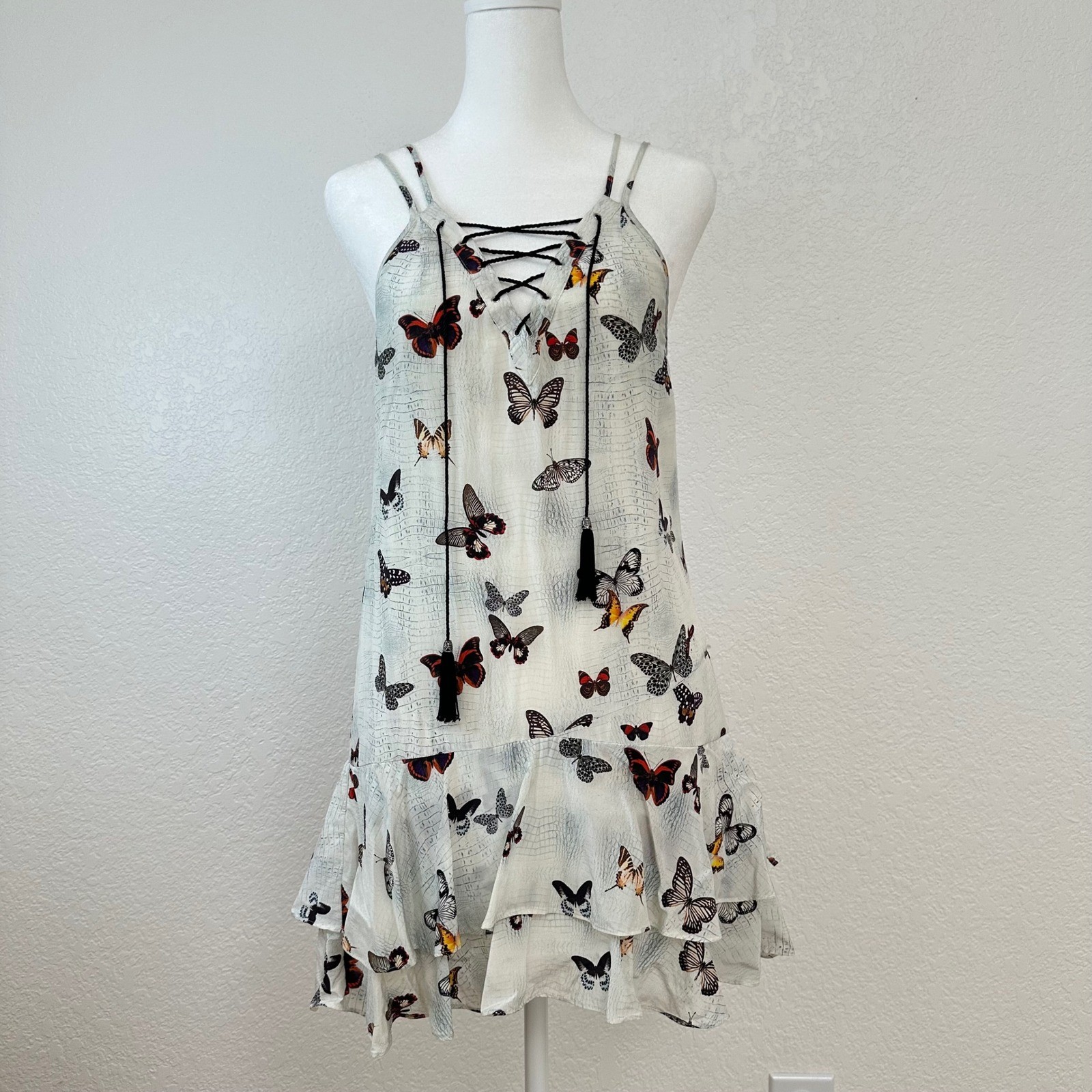 The Kooples Butterfly Print Silk Mini Dress Women Small White Lace Up Ruffle