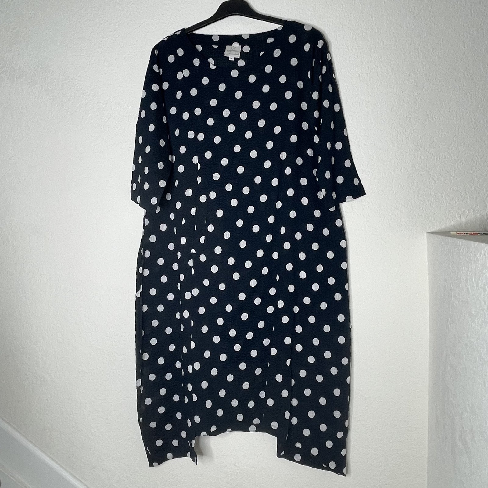 Spirithouse 3/4 Sleeve Polka Dot Lagenlook Semi Sheer Dress Sz Small Navy White