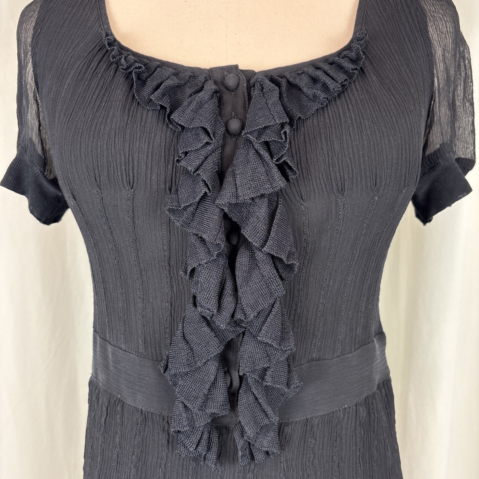 Cacharel Black 100% Silk Semi Sheer Short Sleeve Dress Whimsigoth US 6 EU 36