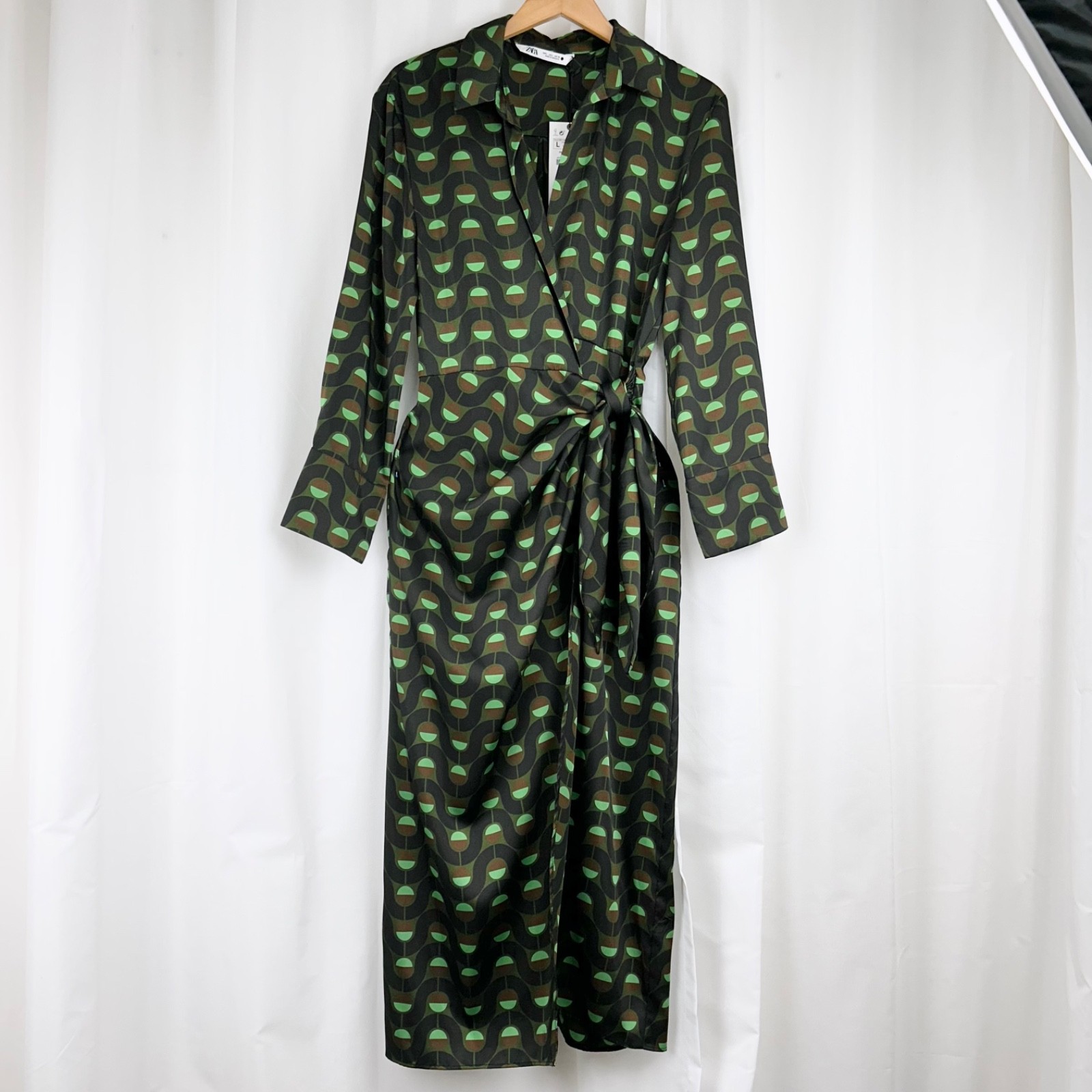Zara Retro Mod Geometric Print Point Collar Wrap Midi Dress Green/Black/Brown L