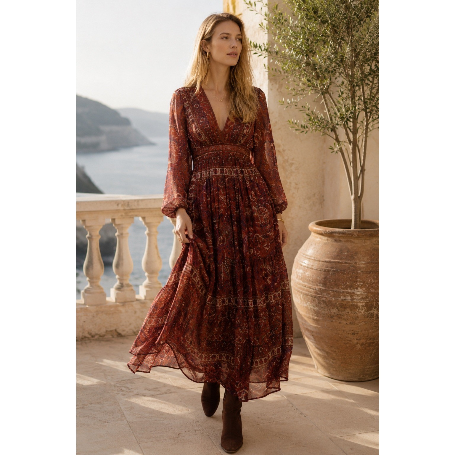 Ranna Gill Anthropologie CERET 2 Maxi Dress Bohemian Print Long Sleeve