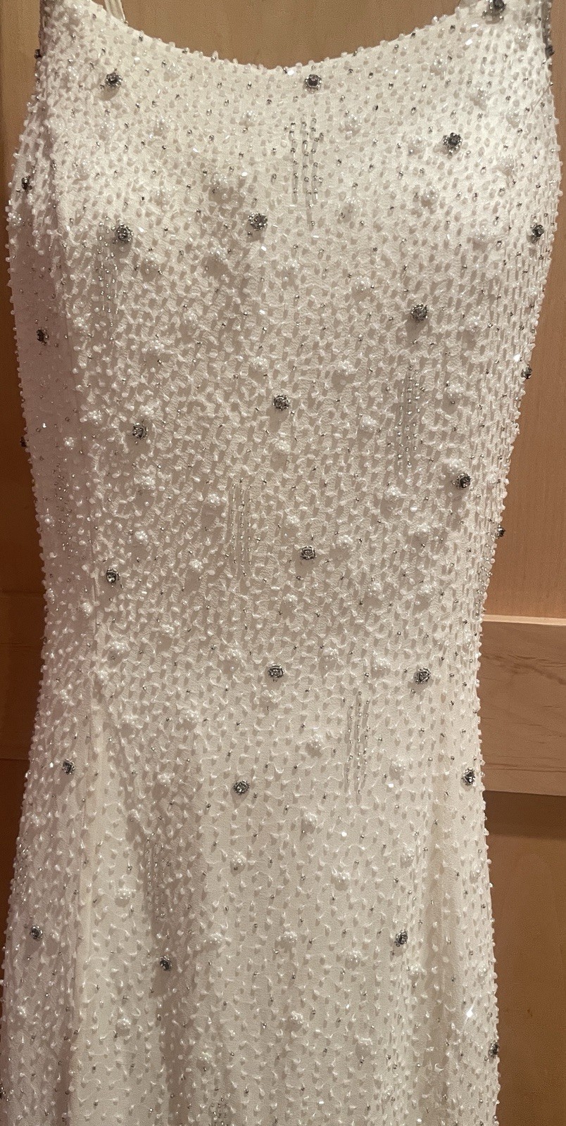 Fleur De Lis White Beaded Sequin Rhinestone Maxi Dress Long Scoop Neck 8
