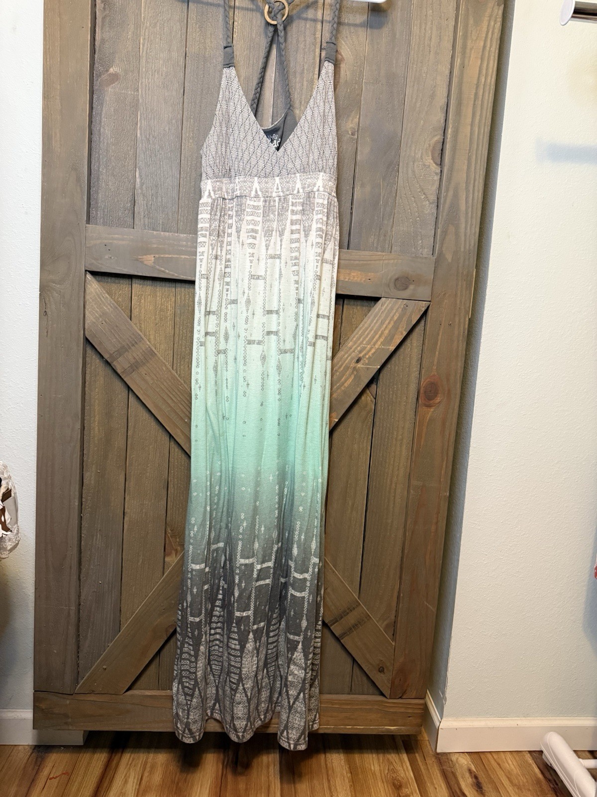 Vintage Mudd Women’s L Gray/White/Green Geometric V-Neck Strappy Maxi Dress