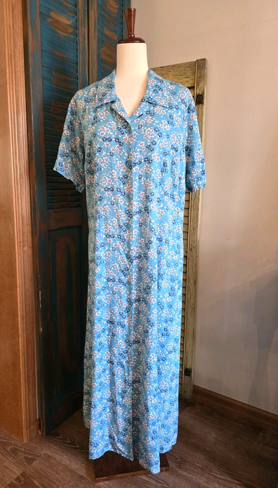 Denim & Co Ditsy Floral Full Button Front Rayon Maxi Dress 1X Blue Cottagecore