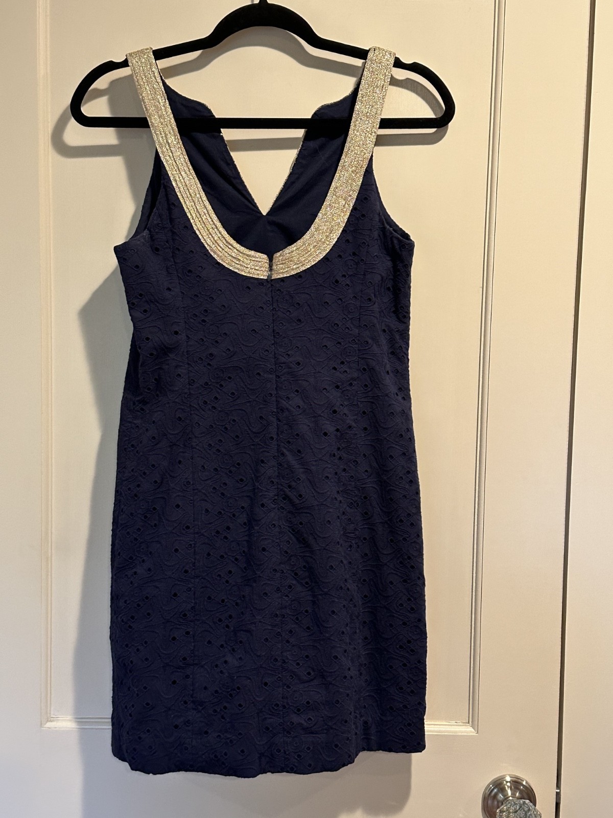 Lilly Pulitzer Emery Shift Dress Navy Blue Gold Soutache Starfish Eyelet Size 0