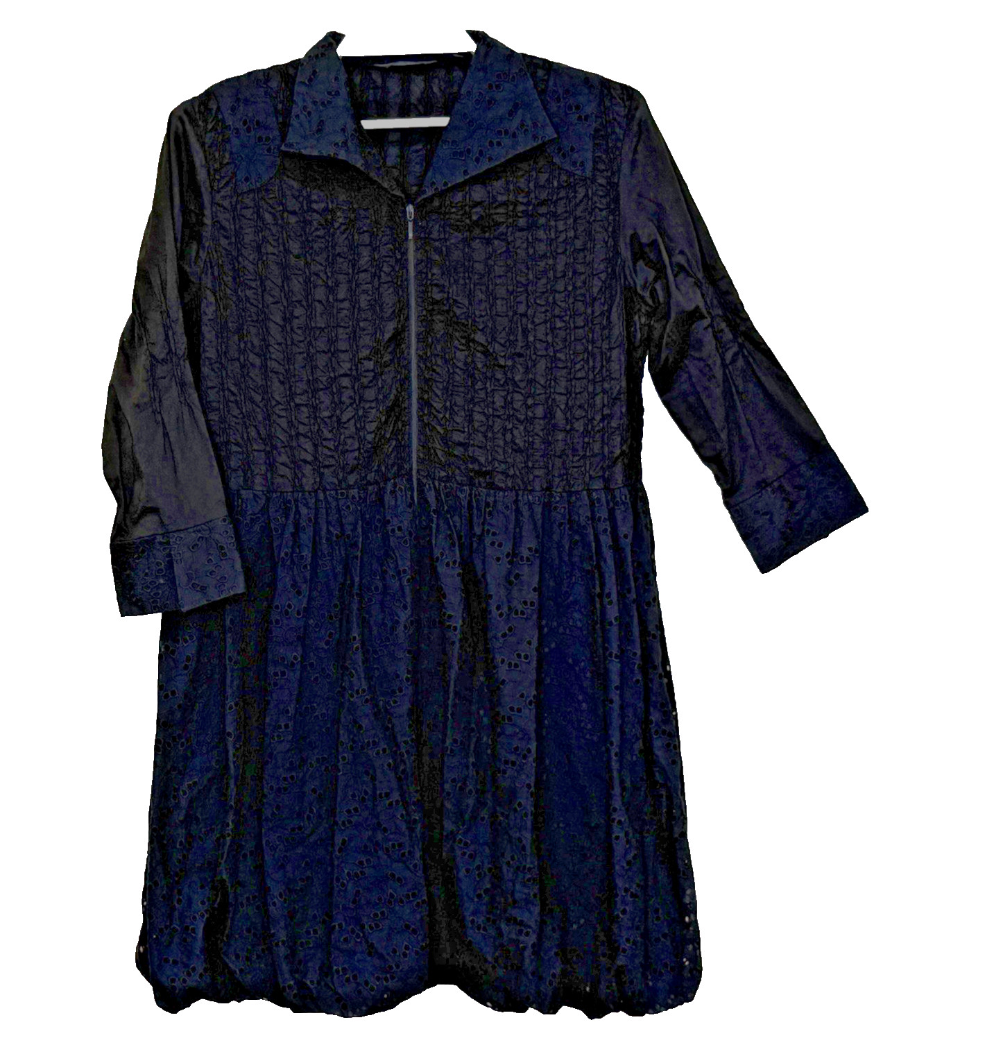 Samuel Dong Bubble Dress Size Medium Black Eyelet 3/4 Sleeve Collar Zip Front