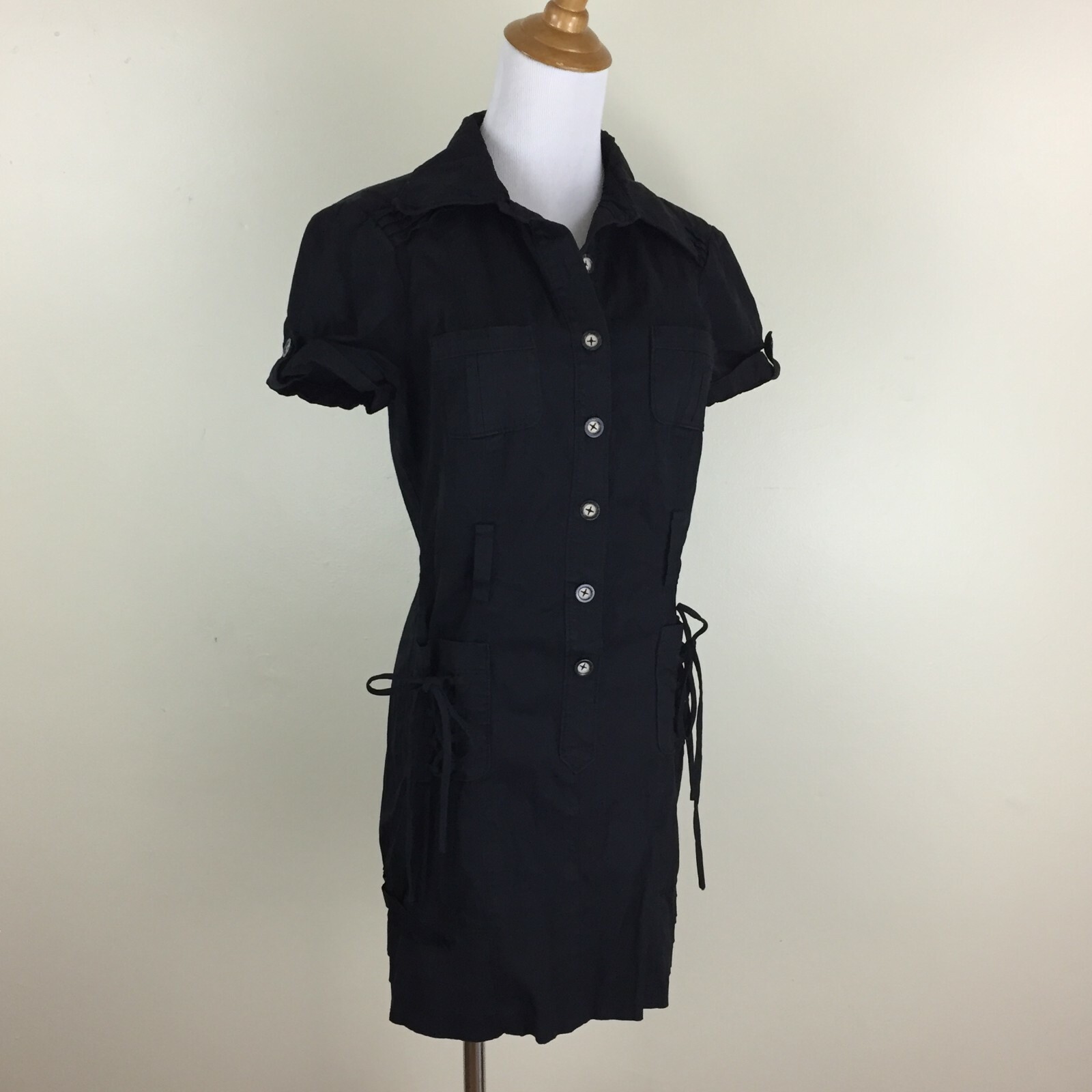 BEBE Black Short Cuffed Sleeve Button Lace Up Pockets Dress Womens sz 4-6
