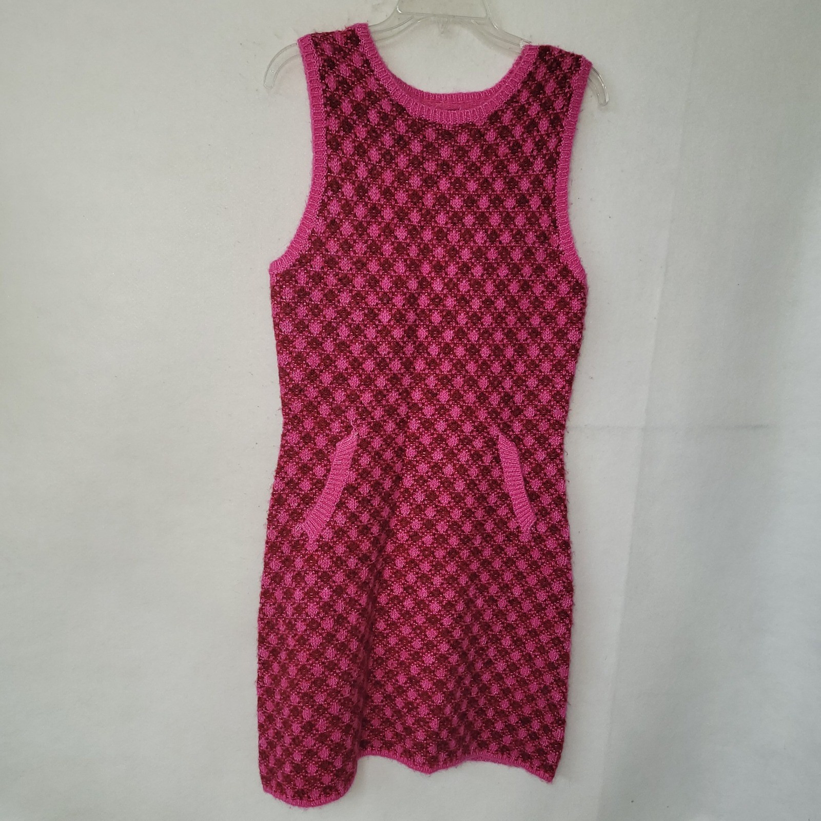 Aqua Pink Burgundy Diamond Knit Sleeveless Dress M Mini A-Line Valentine Date