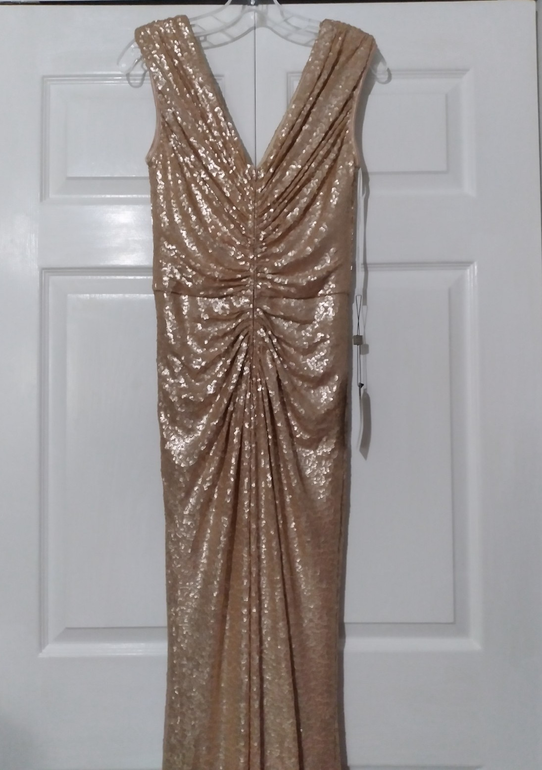 NWT Tadashi Shoji Champagne Lace Sequin Sleeveless Ruched Long Gown Dress MEDIUM