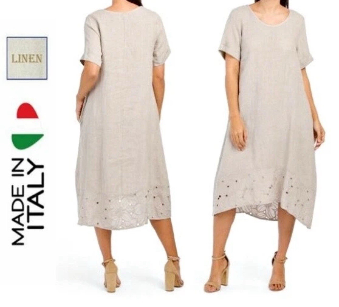 ROSEMARINE 100% Italian Linen Short Sleeve Hi-lo Crochet Hem Dress in Fango Sz M
