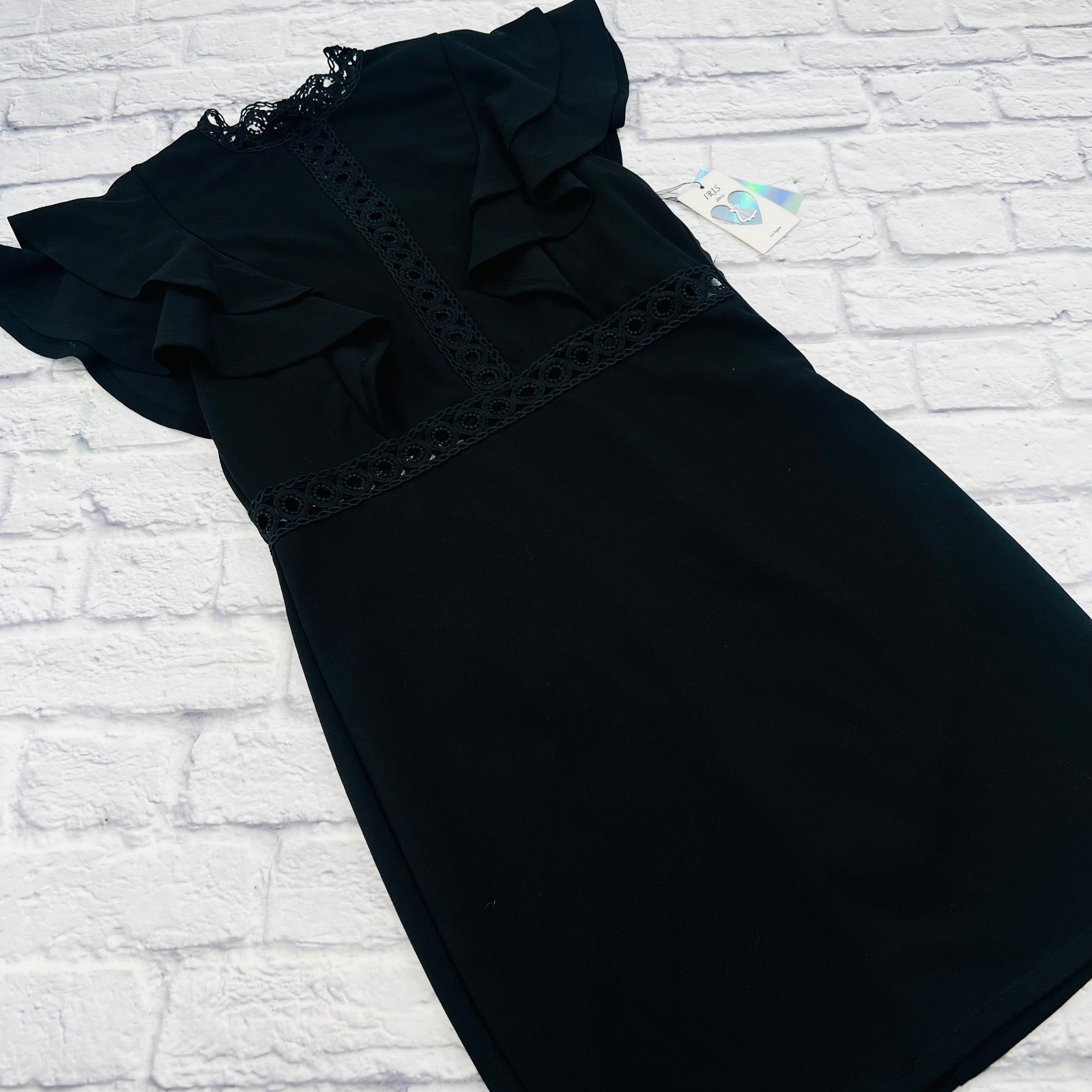 Iris Los Angeles Black Ruffle Sleeve Lace Trim Sheath Dress ID4900 Womens L NEW