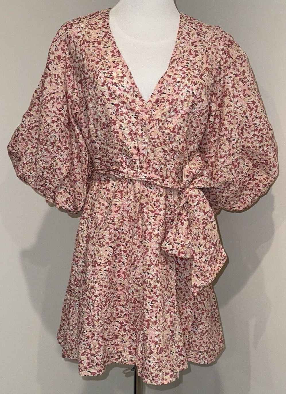 MINKPINK Mini Wrap Dress Women M Floral Puff Sleeve Tie Waist Cottagecore NWOT
